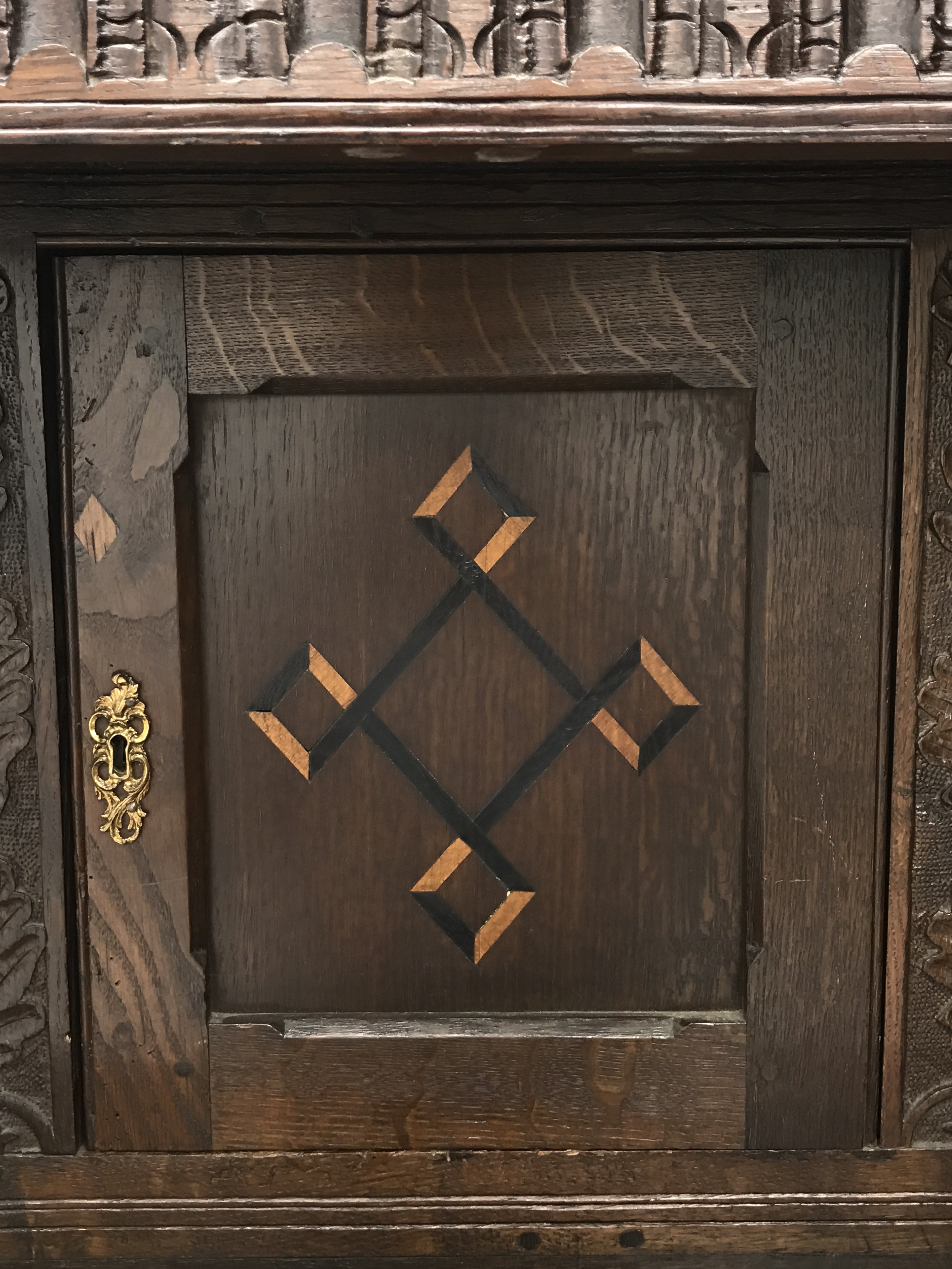 Early 20th century carved and inlaid oak court display cabinet, - Image 2 of 6