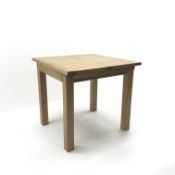 Light oak extending dining table, square supports (W80cm, H75cm, D113cm) and four dining chairs,