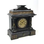 Victorian simulated black slate and marble Architectural cased mantel clock, single train movement,