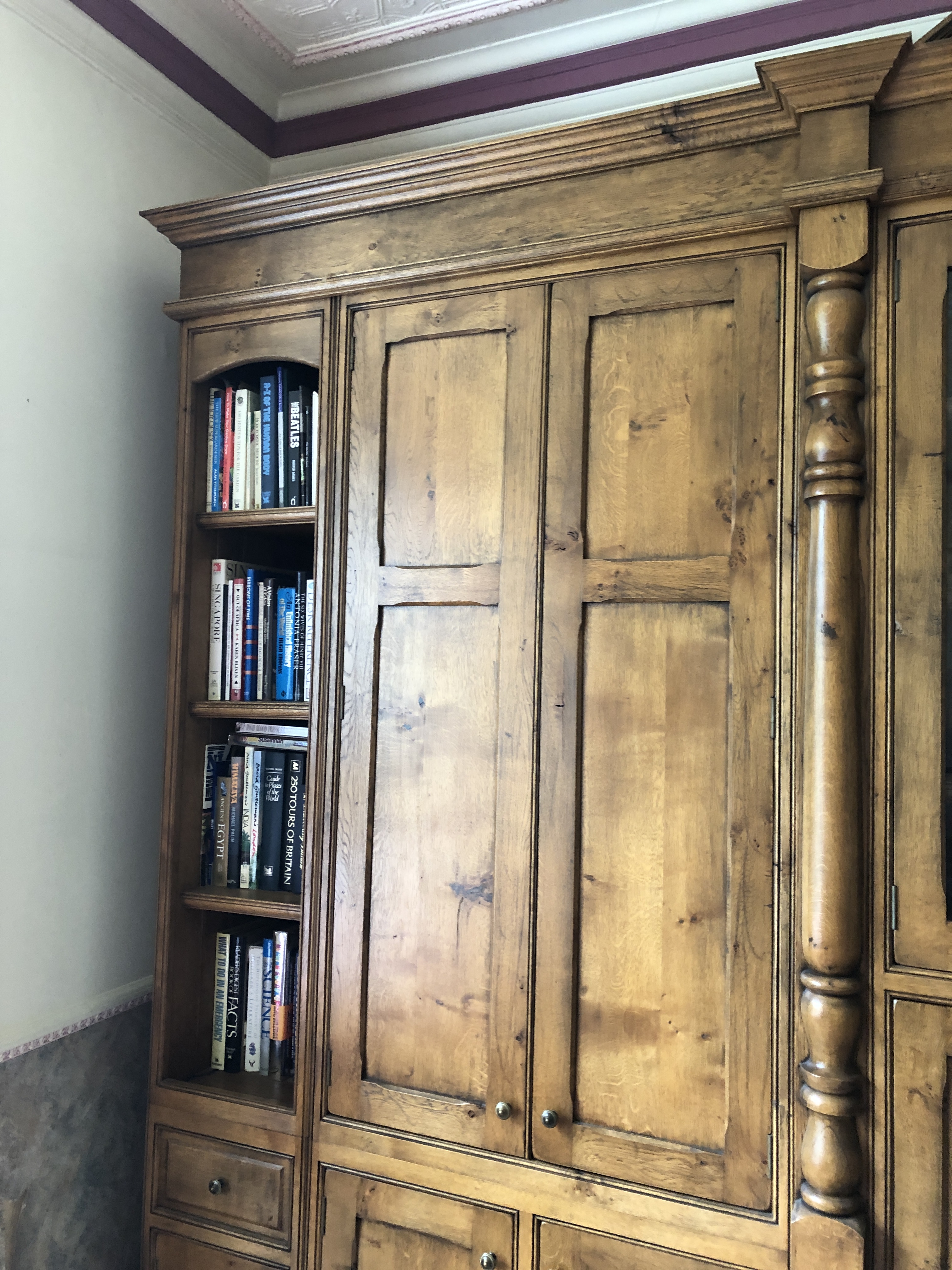 Bespoke figured oak freestanding bookcase/display cupboard, fitted with multiple panelled doors, - Image 2 of 9