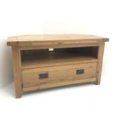 Light oak corner television stand, single drawer, stile supports, W102cm, H56cm,
