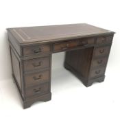 20th century mahogany twin pedestal desk, inset leather top, eight drawers, shaped plinth base,