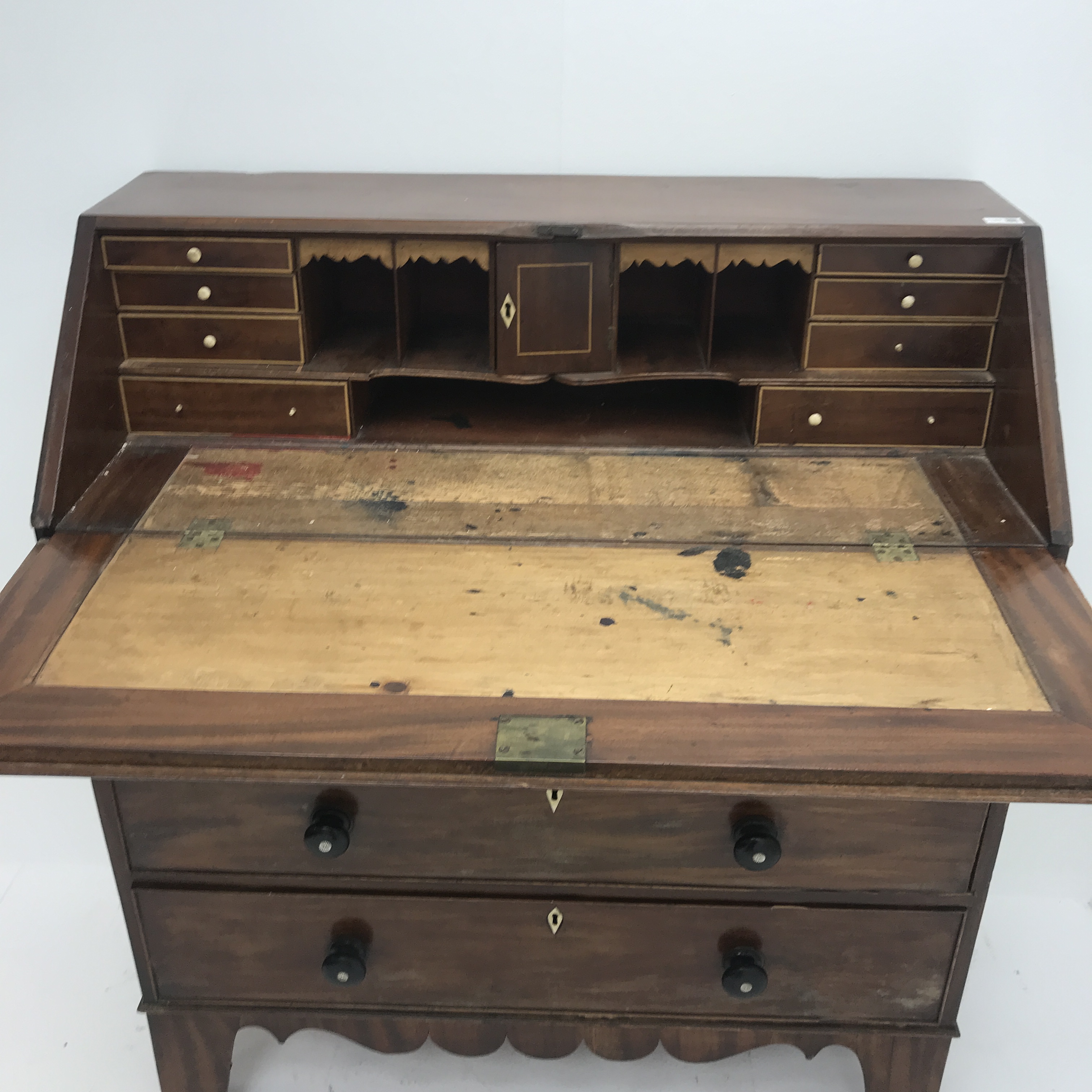 19th century inlaid mahogany bureau, fall front enclosing fitted interior, four graduating drawers, - Image 3 of 4