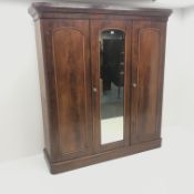 Victorian mahogany triple wardrobe, projecting cornice, three doors, single full length mirror,