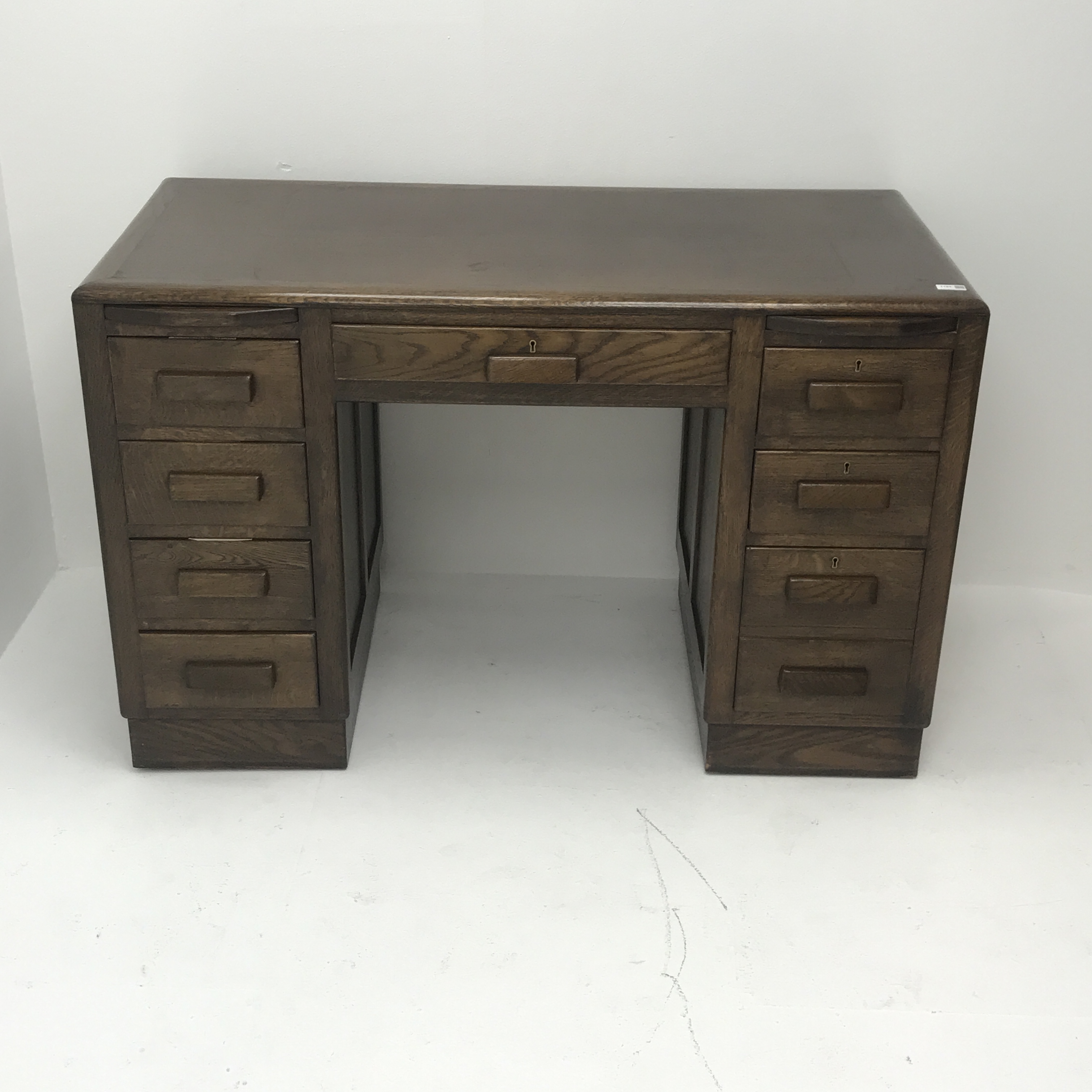 Early 20th century oak twin pedestal desk, two slides, nine drawers, plinth base, W122cm, H77cm, - Image 2 of 3