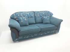 Three seat sofa upholstered in a blue and grey fabric,