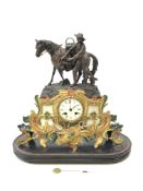 19th century bronzed spelter figural mantel clock, figure depicting horse with farm hand,