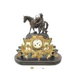 19th century bronzed spelter figural mantel clock, figure depicting horse with farm hand,