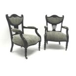 Pair late Victorian mahogany framed armchairs, shaped cresting rail, upholstered back,