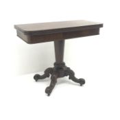 19th century mahogany folding tea table, single column support on four scrolled feet, W93cm, H78cm,
