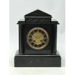 Victorian black slate mantle clock, black and gilt circular Roman dial,