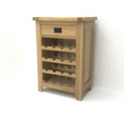 Light oak sixteen bottle wine rack, single drawer, stile supports, W62cm, H90cm,