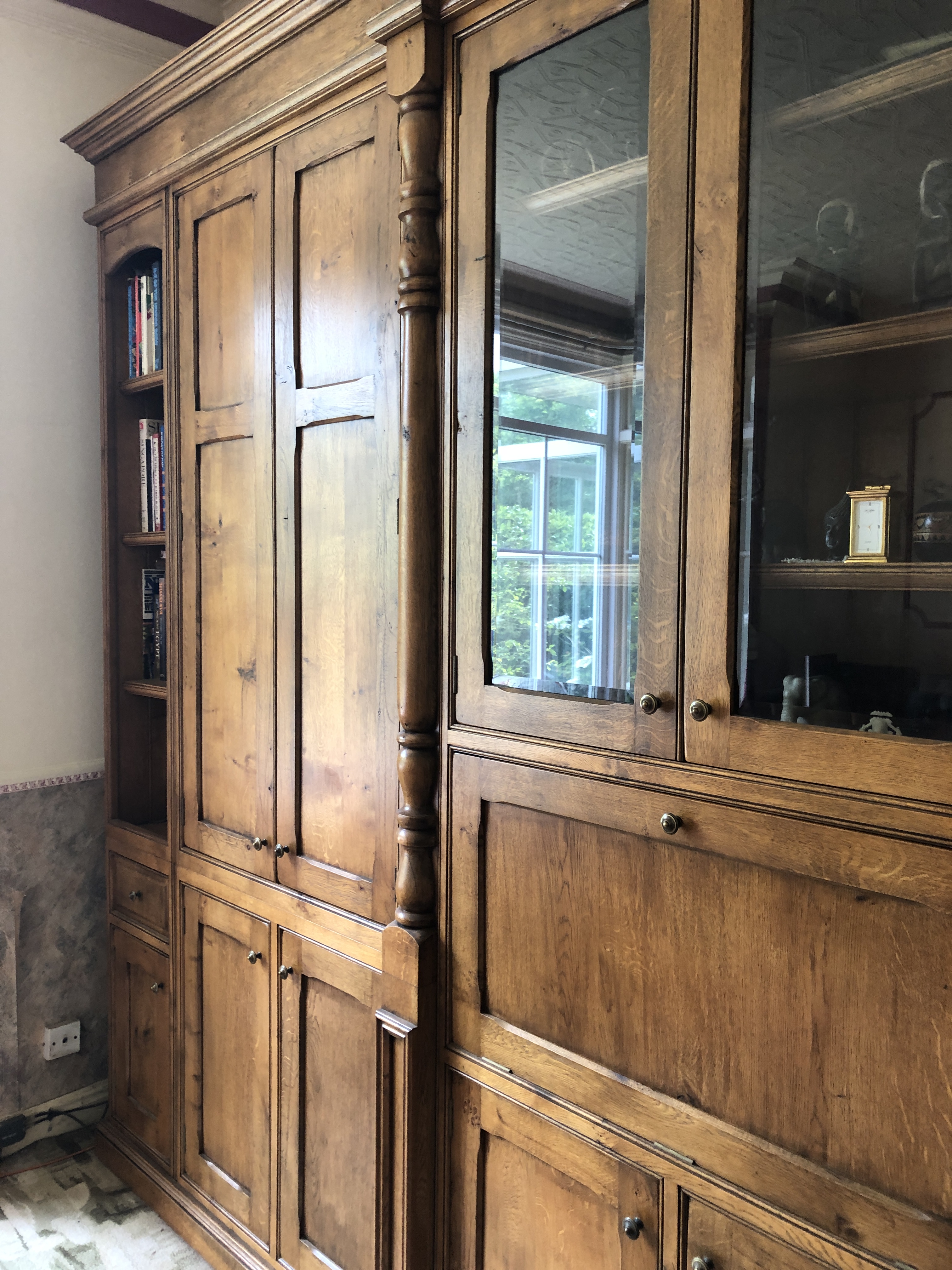 Bespoke figured oak freestanding bookcase/display cupboard, fitted with multiple panelled doors, - Image 9 of 9