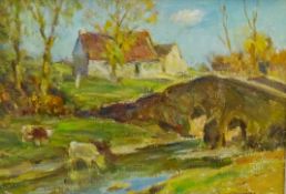 Owen Bowen (Staithes Group 1873-1967): Cattle Watering near a Stone Bridge,
