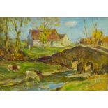 Owen Bowen (Staithes Group 1873-1967): Cattle Watering near a Stone Bridge,