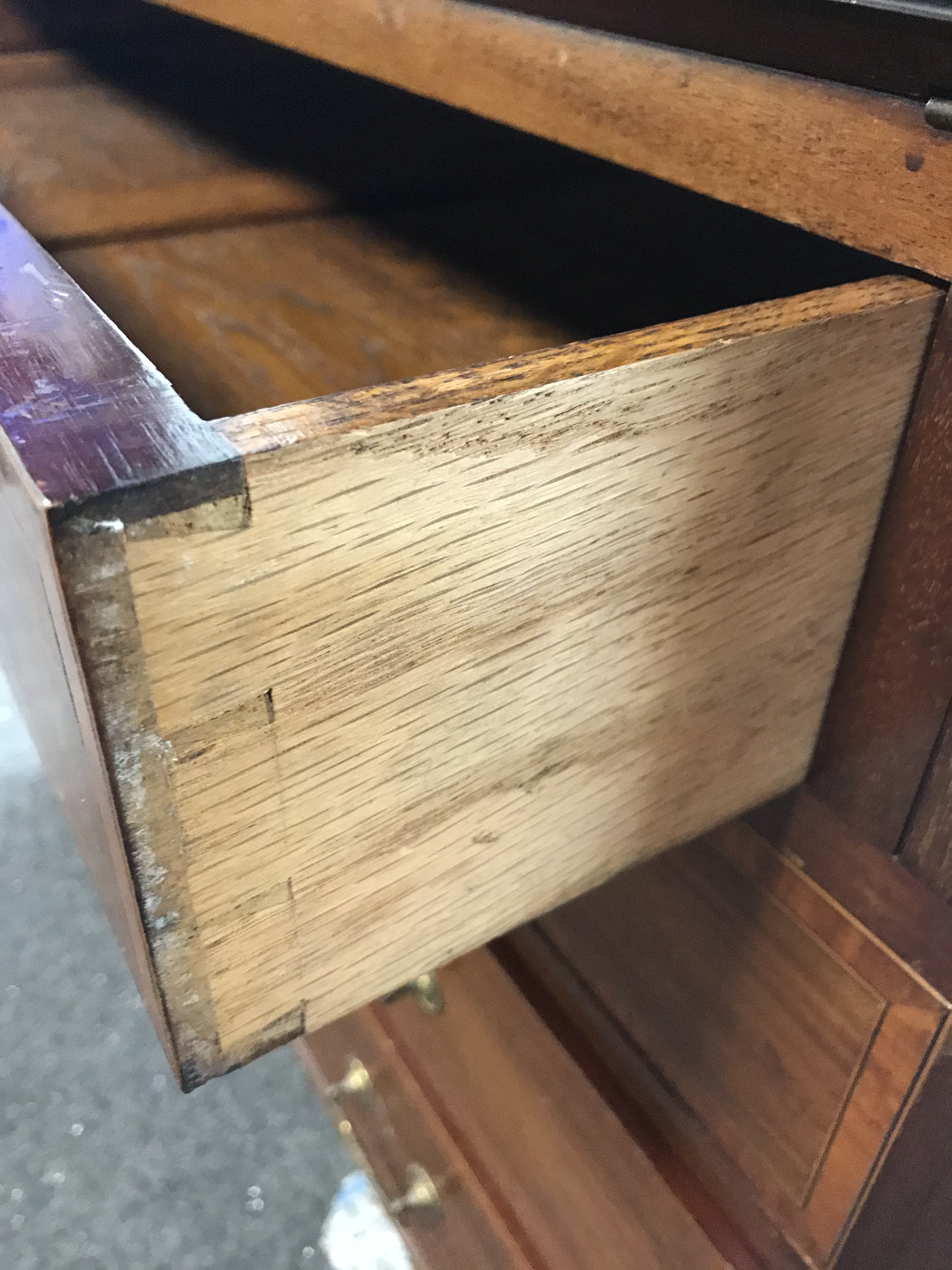 Edwardian inlaid mahogany bureau bookcase, broken swan neck pediment, two astragal glazed doors, - Image 2 of 2