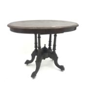 Victorian oval loo table, cluster column supports with central finial,
