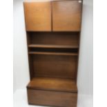Mid century teak side cabinet, two cupboard doors above two shelves, single fall front unit, W102cm,