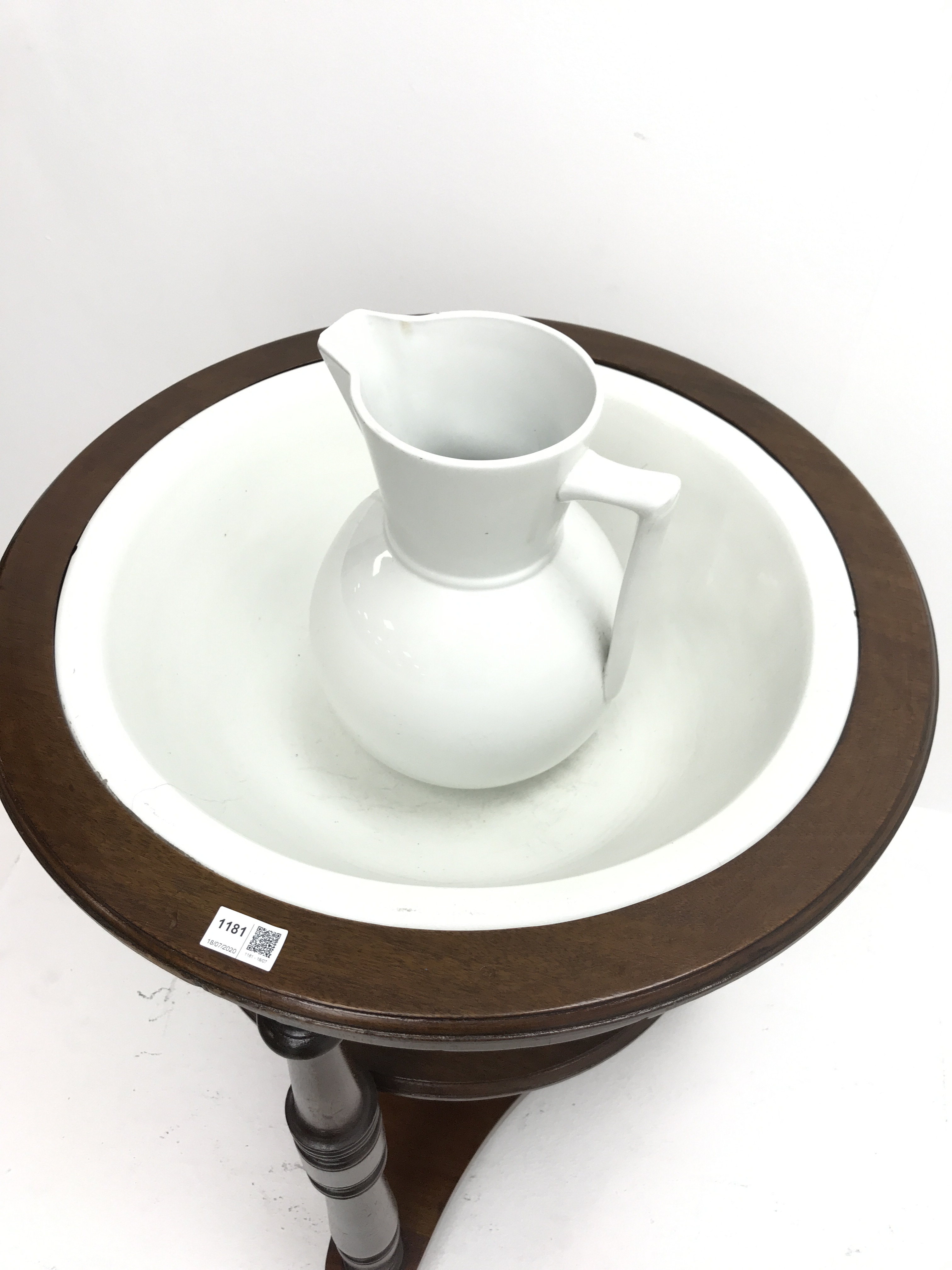 Early 19th century circular mahogany two tier washstand with ceramic bowl and jug, - Image 3 of 4