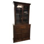 Early 20th century oak bookcase on secretaire, two glazed doors,