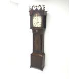 Early 19th century inlaid oak longcase clock, swan neck pediment, arched dial with Roman numerals,