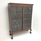 Late 19th century inlaid mahogany display cabinet, projecting cornice,