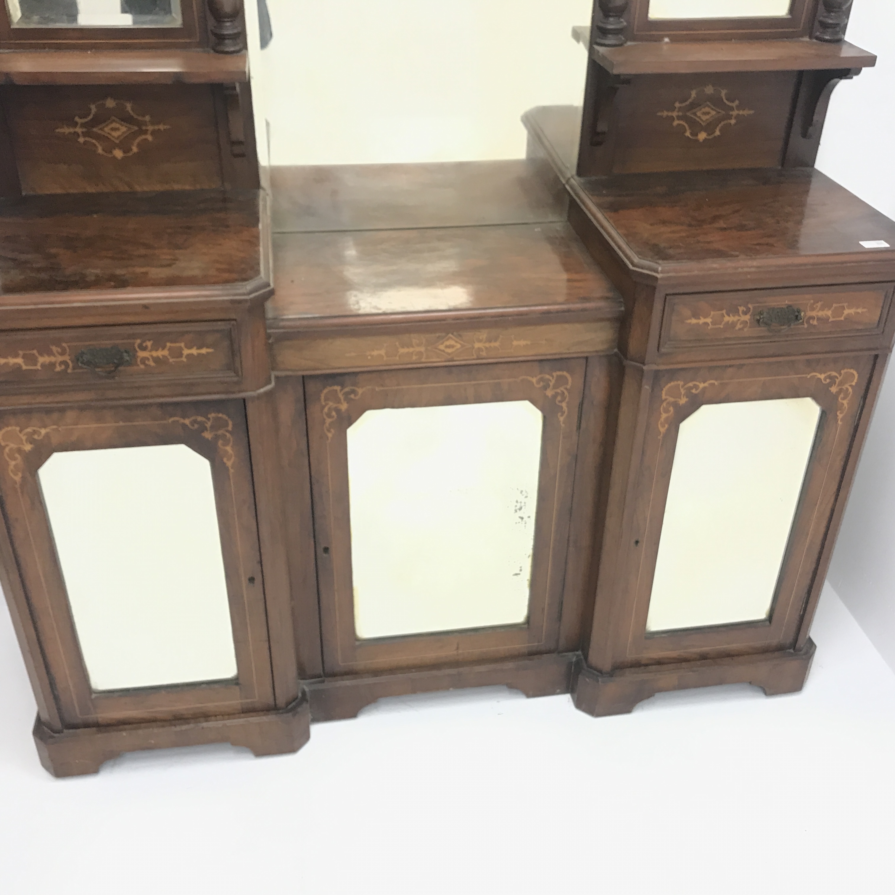Victorian inlaid mahogany stepped inverted breakfront mirror back side cabinet, - Image 4 of 5
