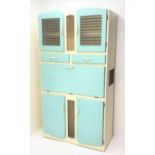 1950s painted kitchen cabinet, two glazed doors, two drawers and cupboards, fall front, W101cm,