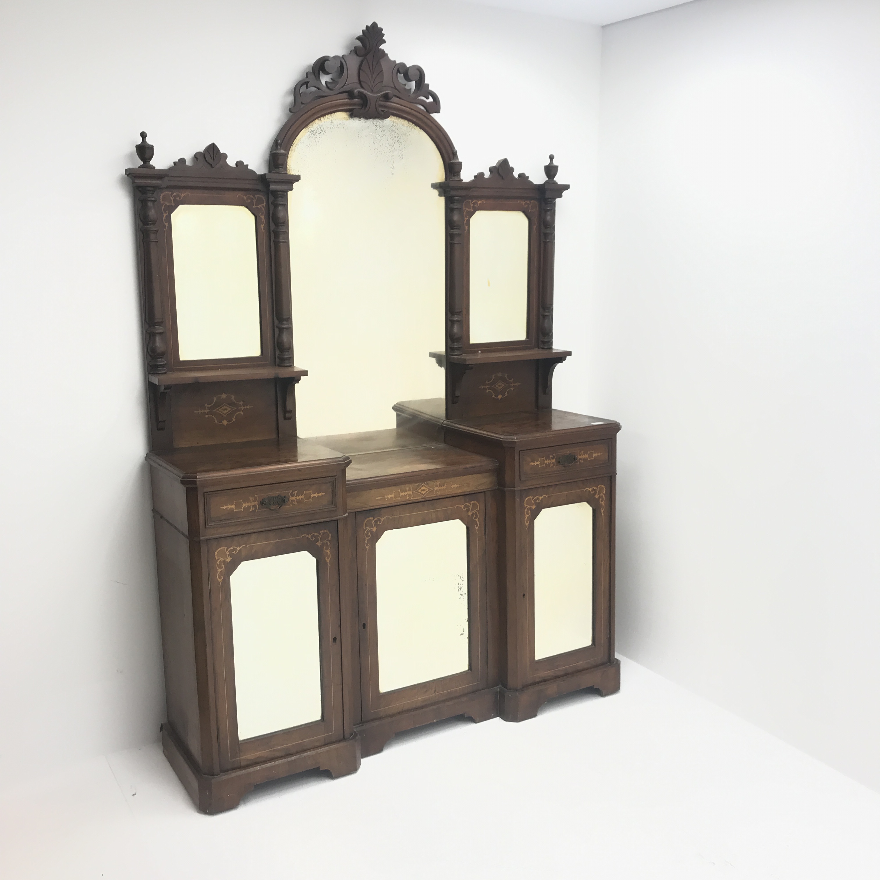 Victorian inlaid mahogany stepped inverted breakfront mirror back side cabinet,