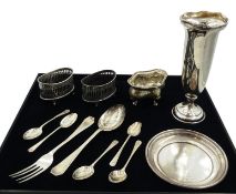 Silver salts, flatware and dish all hallmarked,