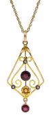 Edwardian gold garnet and split seed pearl pendant, stamped 9ct,