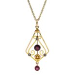 Edwardian gold garnet and split seed pearl pendant, stamped 9ct,