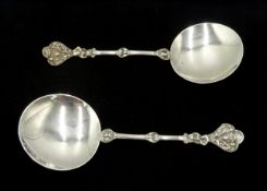 Pair of Edwardian silver strawberry spoons, with female figures in the stem,