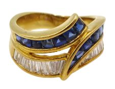 18ct gold calibre cut sapphire and diamond ring,