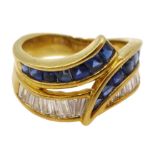 18ct gold calibre cut sapphire and diamond ring,