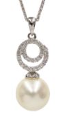 18ct white gold diamond swirl and pearl pendant necklace,
