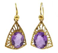Pair of 9ct gold oval amethyst pendant earrings Condition Report Tested 9ct,