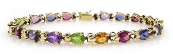 9ct gold pear shaped multi gem set bracelet, including amethyst, tanzanite, peridot and citrine,