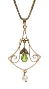 Edwardian peridot and pearl necklace stamped 9ct makers marks N M on box link chain necklace