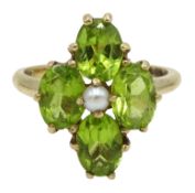 9ct gold peridot and split seed pearl marquise design ring,