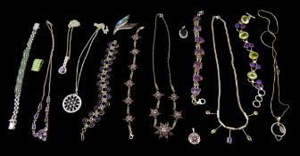 Collection of stone set silver jewellery including amethyst bracelets and necklaces,