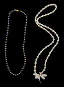 Cultured pearl necklace with silver mother of pearl and pearl dragonfly terminal,