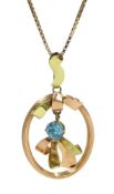 Rose and yellow gold blue zircon pendant necklace stamped 10K,