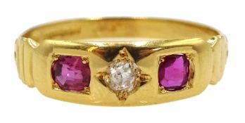 18ct gold ruby and diamond three stone ring,