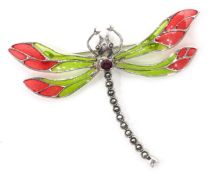 Silver plique-a-jour, marcasite and garnet dragonfly brooch,