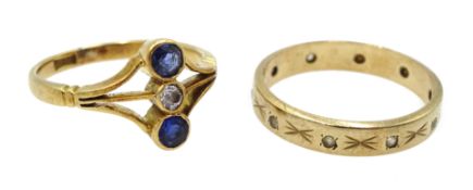 Gold three stone sapphire and diamond ring stamped 18ct and a gold stone set full eternity ring,
