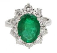 White gold oval emerald and round brilliant cut diamond ring, stamped 750, emerald approx 2.