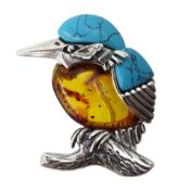 Silver turquoise and Baltic amber king fisher brooch Condition Report Max length =