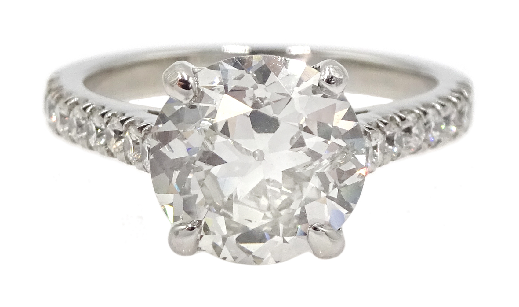 Platinum old cut diamond solitaire ring with diamond set shoulders, hallmarked, central diamond 2.