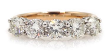 18ct rose gold five stone round brilliant cut diamond ring, hallmarked, total diamond weight 1.